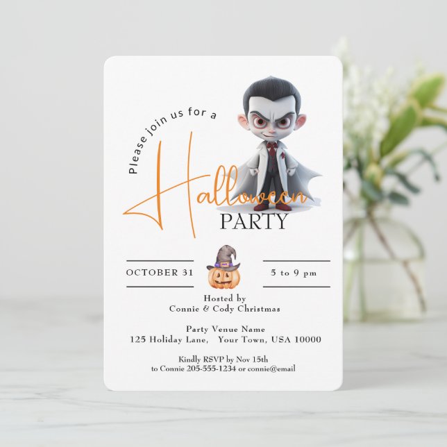 INVITACIÓN DRÁCULA DE OJOS GRANDES, FIESTA DE HALLOWEEN (Anverso de pie)