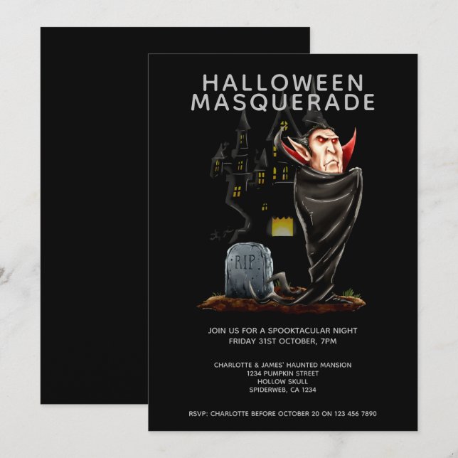 Invitación Drácula y tumbas en la mascarada de Halloween (Anverso / Reverso)