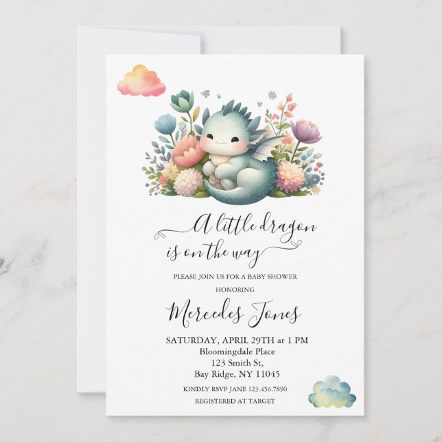 Invitación Dragón acuático bebé con flores Arcoiris (Anverso)