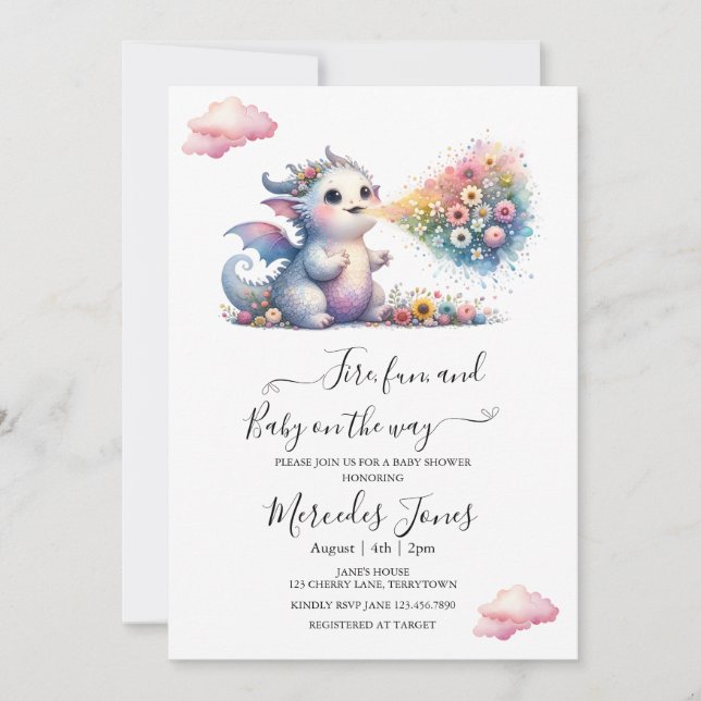Invitación Dragón acuático bebé con fuego de flores de arcoir (Anverso)