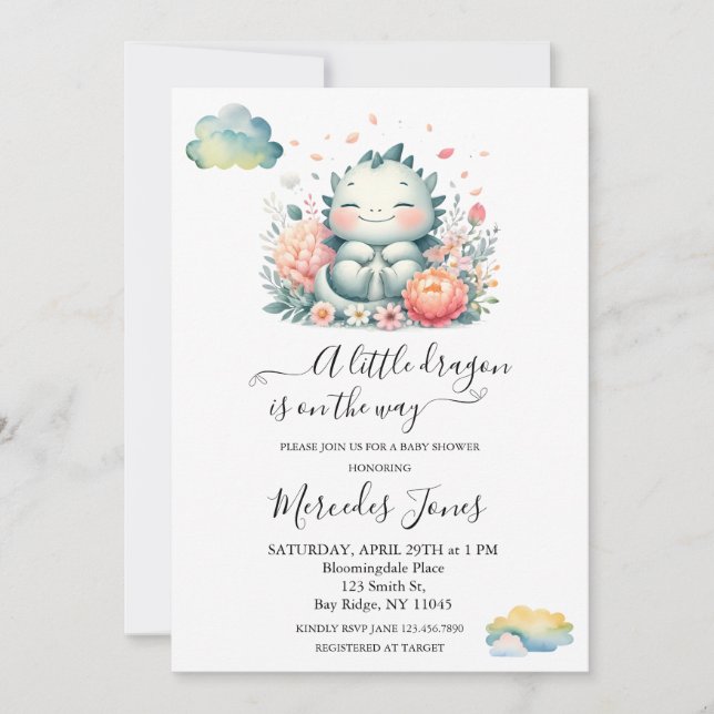 Invitación Dragón acuático para bebés con flores y mariposa (Anverso)