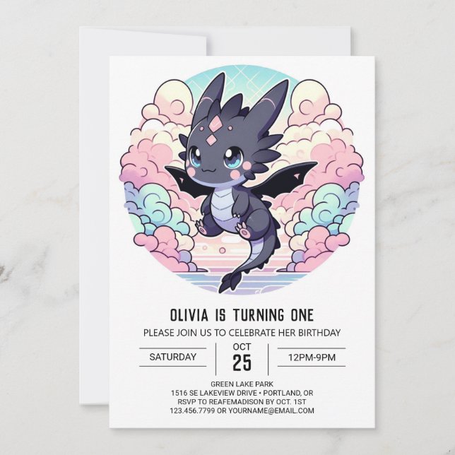 Invitación Dragón Adorable Primer Cumpleaños (Anverso)