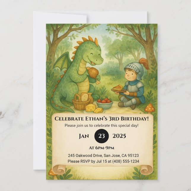 Invitación Dragón amistoso y cumpleaños de picnic Little Knig (Anverso)