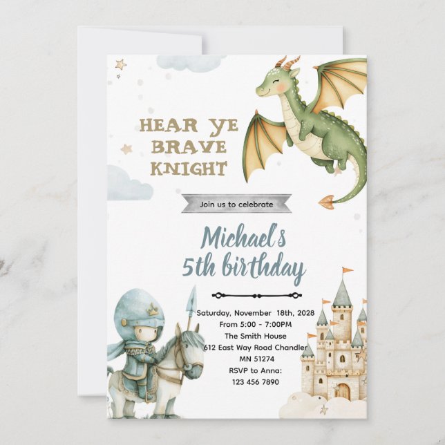Invitación Dragon and Knight Birthday Party Invitation (Anverso)