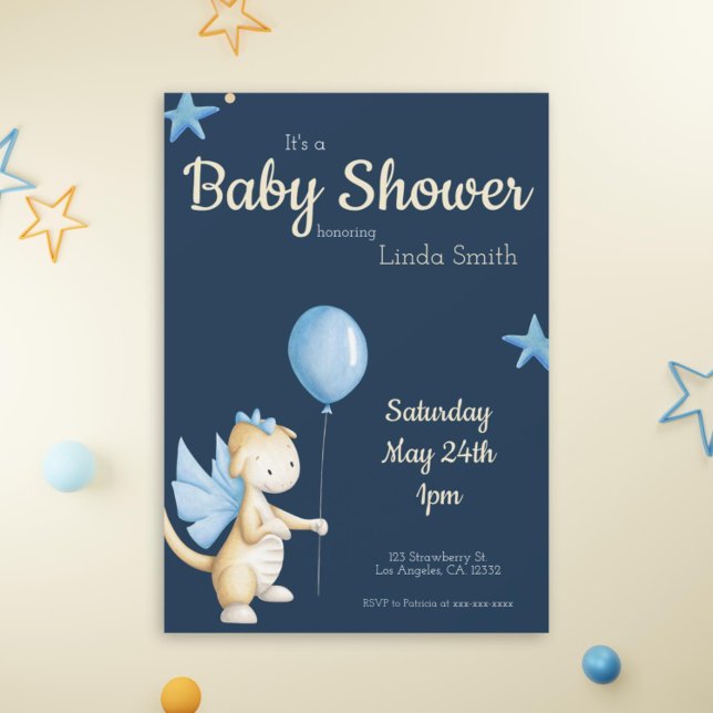 Invitación Dragón azul de la Marina Cute con Baby Shower en g (Cute navy blue dragon baby shower invitation exclusive by Kinda Cute by Patricia Alvarez)