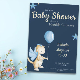 Invitación Dragón azul de la Marina Cute niño español Baby Sh