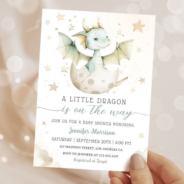 Invitación Dragon Baby Shower Cute Boho Green Watercolor (Subido por el creador)