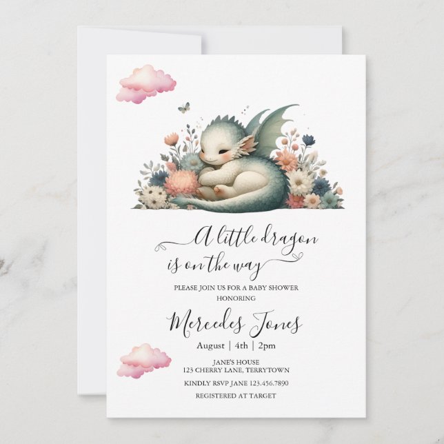 Invitación Dragón Bebé Dormido Con Flores De Arcoiris Arte (Anverso)