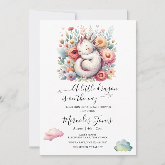 Invitación Dragón Bebé Dormido Con Flores De Arcoiris Arte (Anverso)