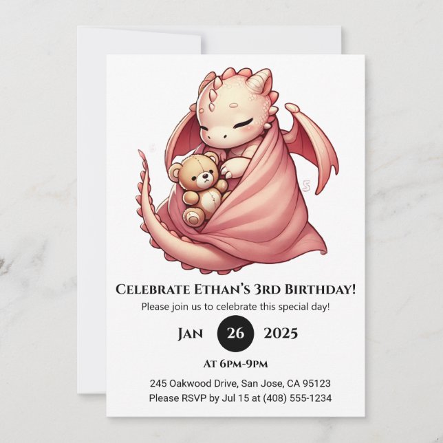 Invitación Dragón bebé durmiendo con cumpleaños de osito de p (Anverso)