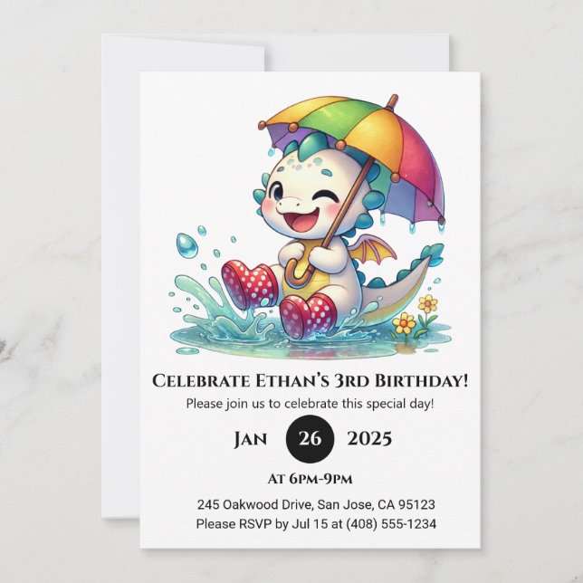Invitación Dragón Bebé Guiñando con Cumpleaños de Paraguas (Anverso)