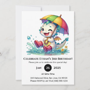 Invitación Dragón Bebé Guiñando con Cumpleaños de Paraguas