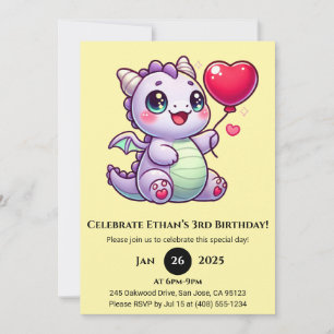 Invitación Dragón Bebé Lila con Globo de Corazón Cumpleaños