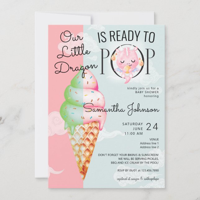 Invitación Dragón bebé listo para usar Baby Shower con crema  (Anverso)