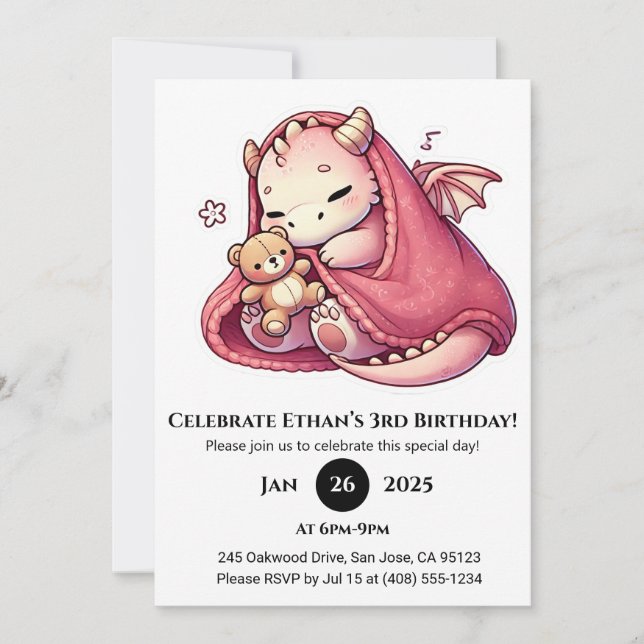 Invitación Dragón Bebé Rosa Durmiendo con Cumpleaños de Teddy (Anverso)