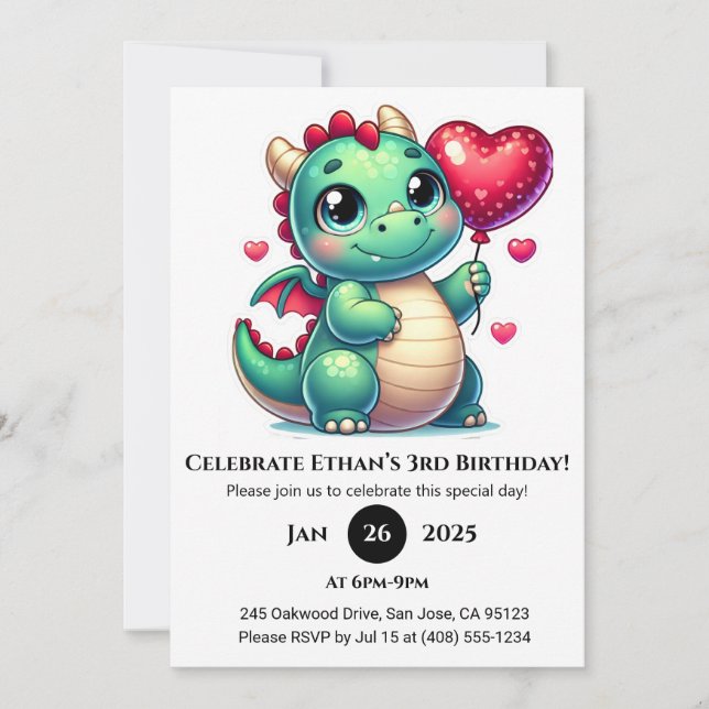 Invitación Dragón bebé verde con globo cardíaco Cumpleaños (Anverso)