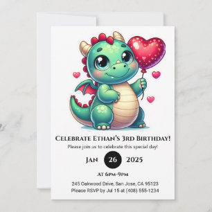 Invitación Dragón bebé verde con globo cardíaco Cumpleaños
