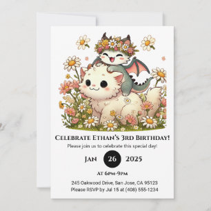 Invitación Dragón bebé y gato blanquecino en cumpleaños de fl