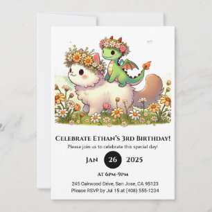 Invitación Dragón Bebé y Gato Esponjoso en Cumpleaños de Flor