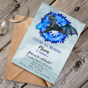 Invitación Dragon Blue Fire Serpent Birthday Party Child
