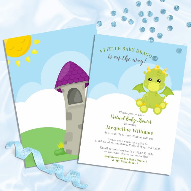 Invitación Dragón caprichoso virtual niño ducha (Whimsical Dragon Virtual Baby Boy Shower Virtual Invitation)