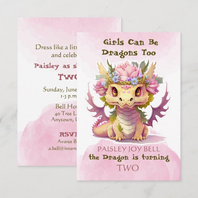 Invitación Dragón Chica de dos años (Anverso / Reverso)