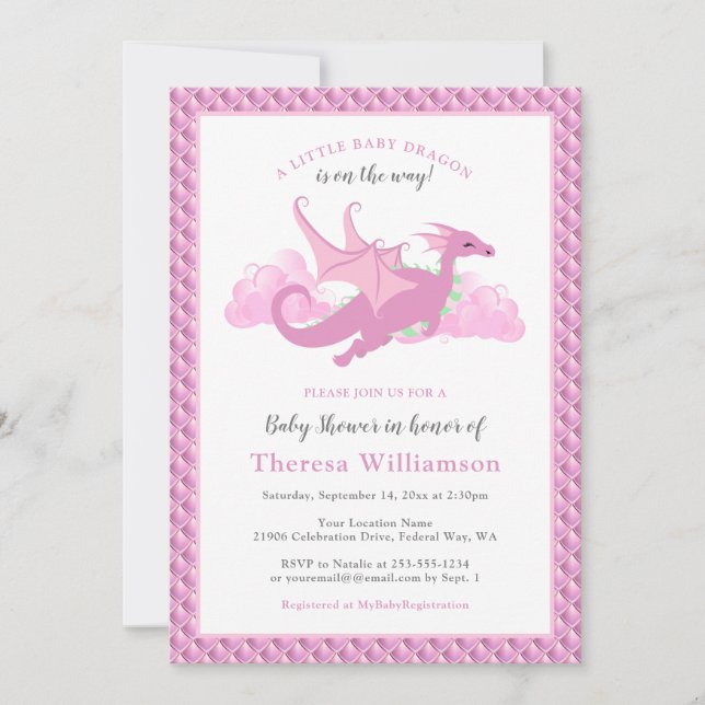Invitación Dragon Chica Whimsical Rosa Baby Shower (Anverso)