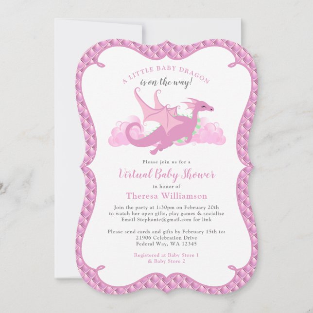Invitación Dragon Chica Whimsical Rosa Virtual Baby Shower (Anverso)
