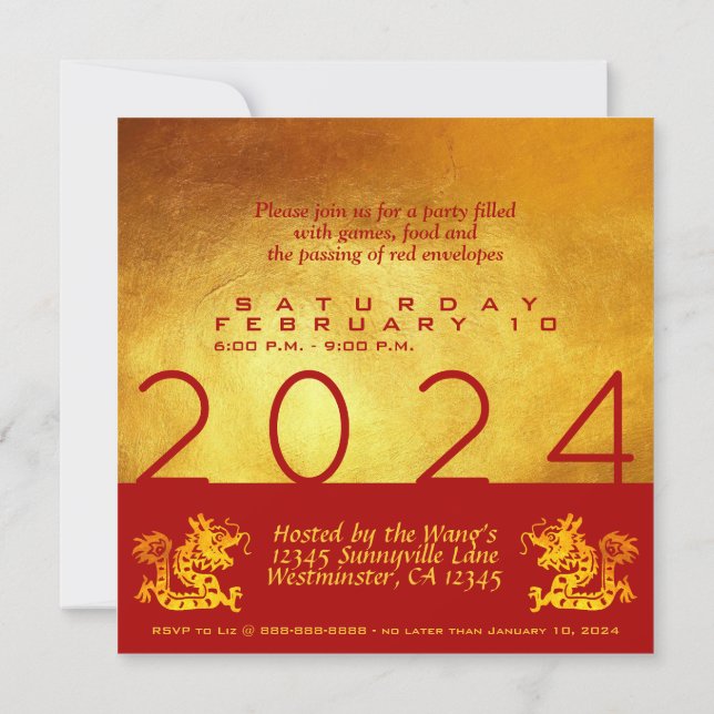 Invitación Dragón chino de año nuevo 2024 Fiesta de oro rojo (Reverso)
