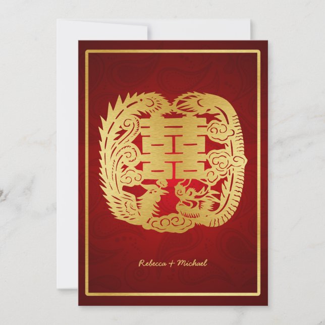 Invitación Dragón chino de doble felicidad / Boda Phoenix (Anverso)
