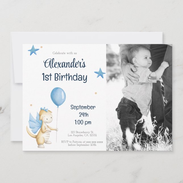 Invitación Dragón con crema azul de la marina y primer cumple (Anverso)