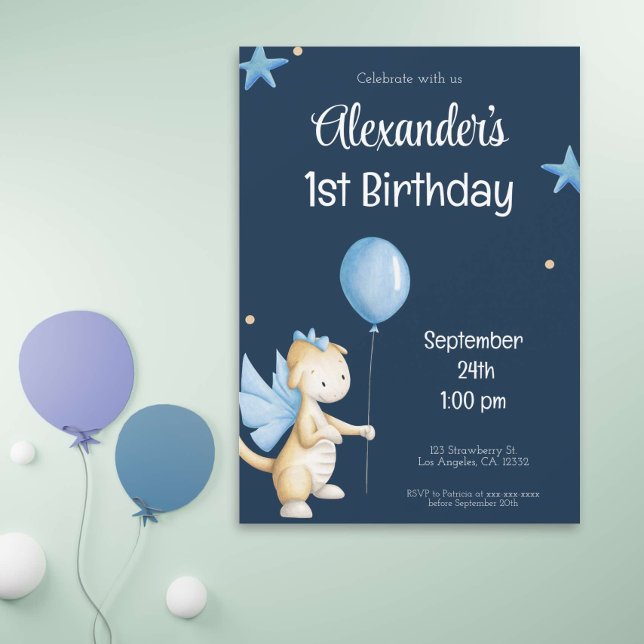 Invitación Dragón con crema azul de la marina y primer cumple (Subido por el creador)