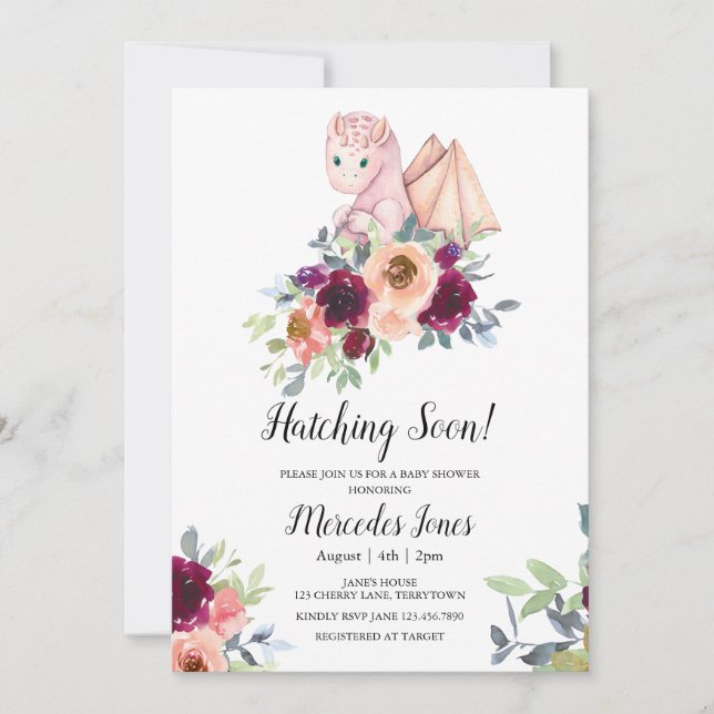 Invitación Dragón con Hatchazón Floral Rosa chica (Anverso)