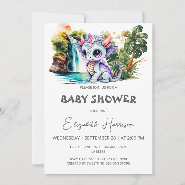 Invitación Dragon Cute Watercolor Chica Baby Shower (Anverso)