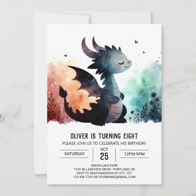 Invitación Dragón de color de agua Cumpleaños Editable (Anverso)