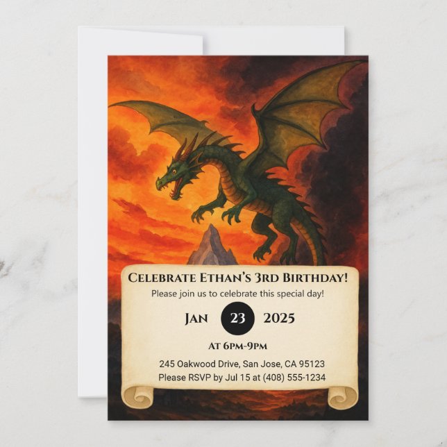 Invitación Dragón de fuego apocalíptico por cumpleaños en lla (Anverso)