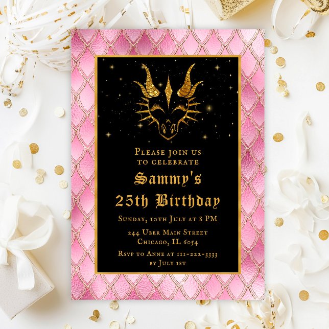 Invitación Dragón de oro con escalas rosadas Fiesta de cumple (Subido por el creador)