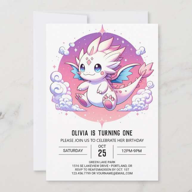 Invitación Dragón del Pastel Mítico Primer Cumpleaños (Anverso)