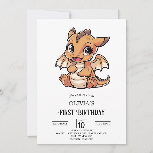 Invitación Dragón digital Cute Fairytale Primer Cumpleaños (Anverso)