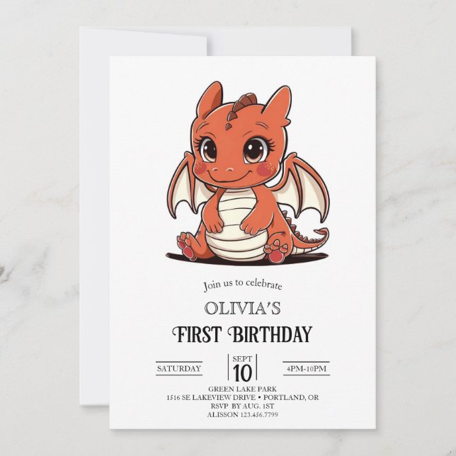 Invitación Dragón digital personalizado de primer cumpleaños (Anverso)