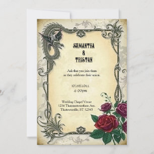 Invitación Dragón dorado con Rosas Steampunk Vintage Wedding