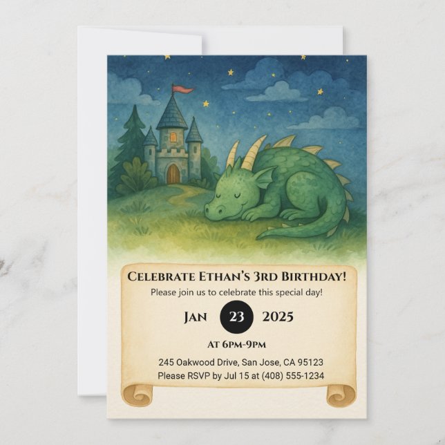 Invitación Dragón Durmiendo Bajo Cielo Estrellado Cumpleaños (Anverso)