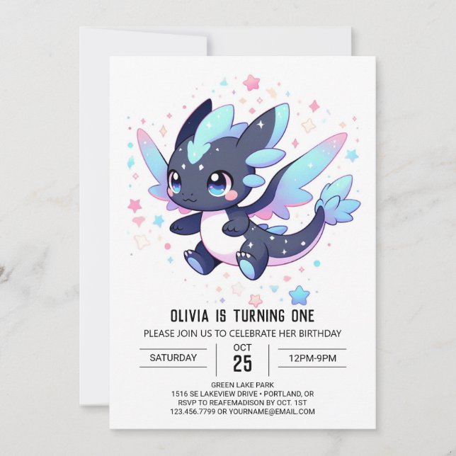 Invitación Dragón Encantado Pastel Primer Cumpleaños (Anverso)