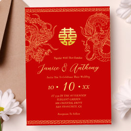 Invitación Dragón fénix de oro rojo boda china
