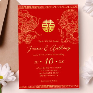 Invitación Dragón fénix de oro rojo boda china