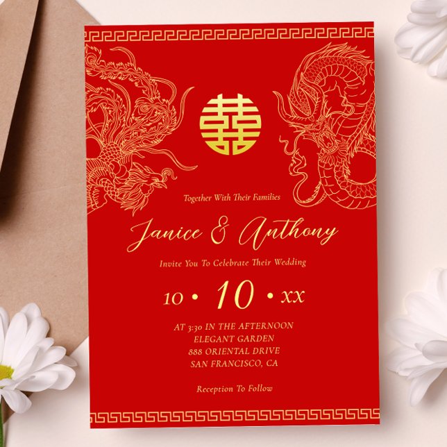 Invitación Dragón fénix de oro rojo boda china  (Subido por el creador)
