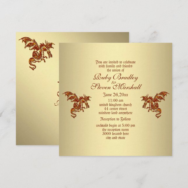 Invitación Dragón Flamante Tema Boda de la Fantasía Dorada (Anverso / Reverso)
