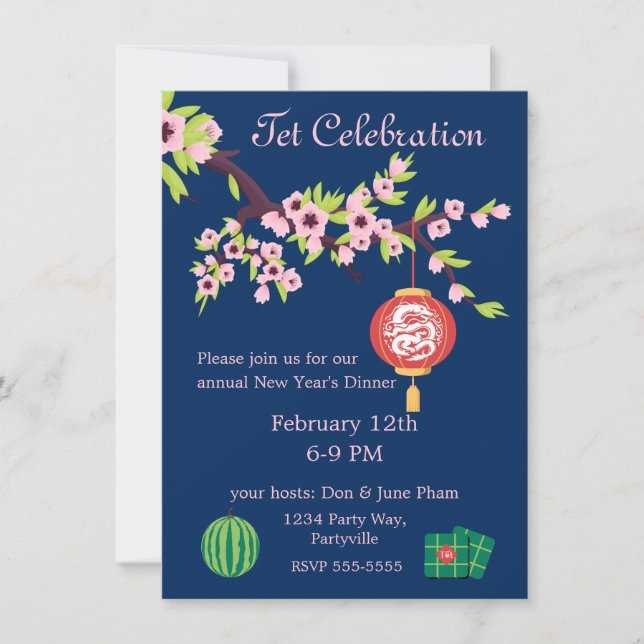 Invitación Dragon Hoa Dao Blossoms de Año Nuevo (Anverso)