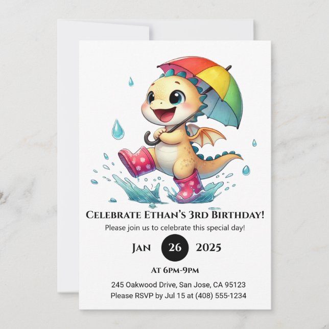 Invitación Dragón infantil alegre en cumpleaños lluvioso (Anverso)