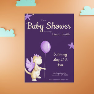 Invitación Dragón lindo con Baby Shower Chica de globo morado